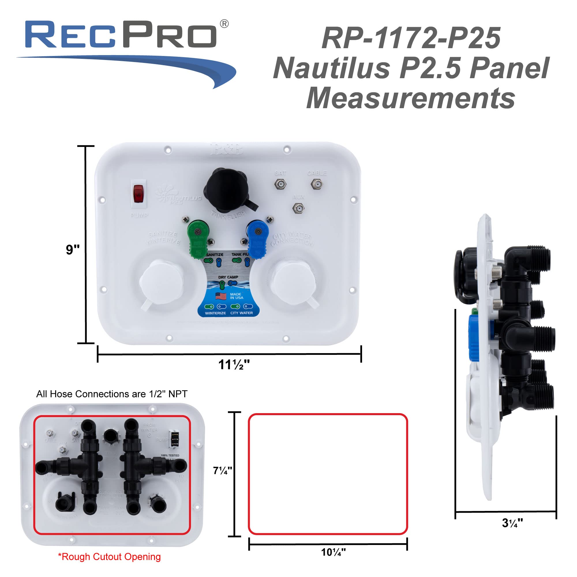 RecPro RV Water Management Panel | Nautilus P2.5 | 7-Function City-Water Fill (Yes, Include Install Kit) | Made in USA