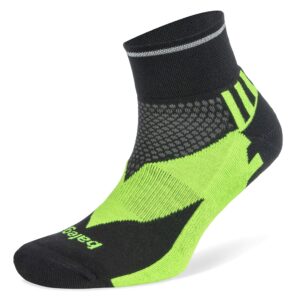 balega enduro reflective arch support performance quarter athletic running socks for men and women (1 pair), black/neon green, medium