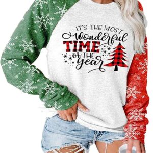 TAOHONG Merry Christmas Sweartshirt for Women Xmas Buffalo Plaid Tree Color Block Christmas Snowflake Print Long Sleeve Top T-Shirt Gray