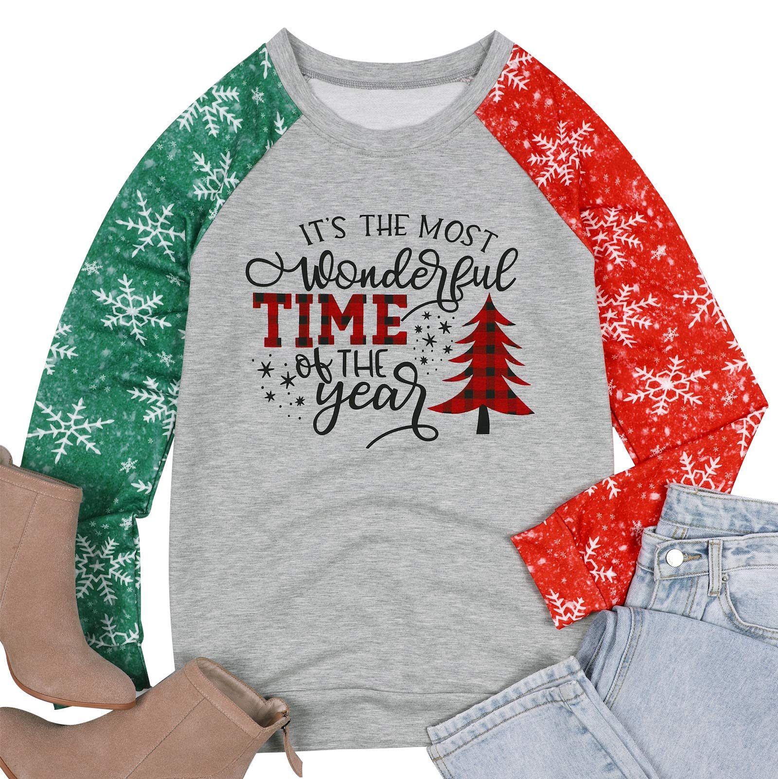 TAOHONG Merry Christmas Sweartshirt for Women Xmas Buffalo Plaid Tree Color Block Christmas Snowflake Print Long Sleeve Top T-Shirt Gray