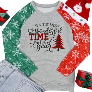 TAOHONG Merry Christmas Sweartshirt for Women Xmas Buffalo Plaid Tree Color Block Christmas Snowflake Print Long Sleeve Top T-Shirt Gray