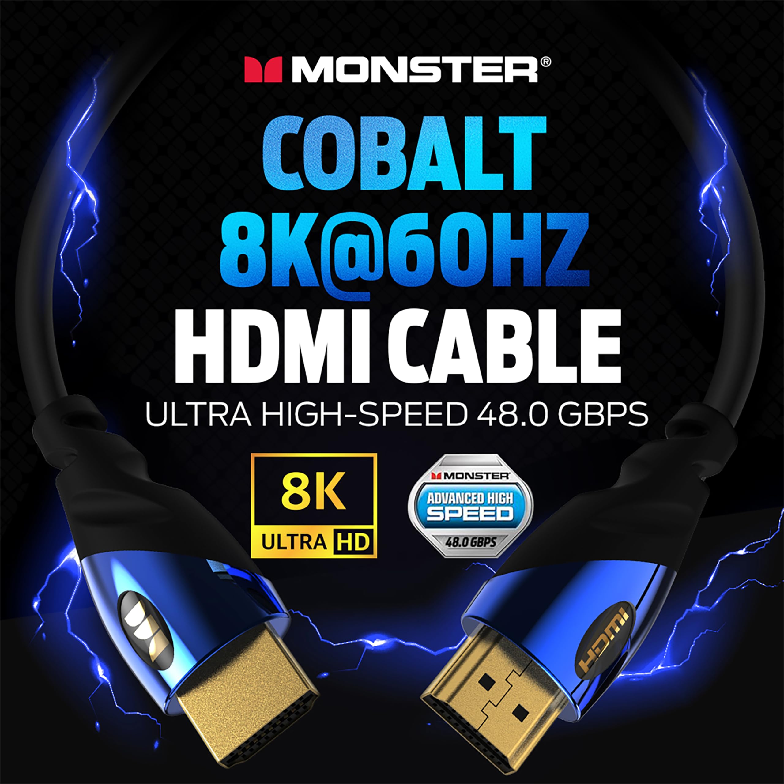 Monster 8Ft Ultra High-Speed Cobalt 2.1 HDMI Electronic Cable - 48Gbps with eARC, 8K at 60Hz for Superior Video Sound Quality for Playstation PS5, Xbox Series X, Roku, Apple, Smart Television