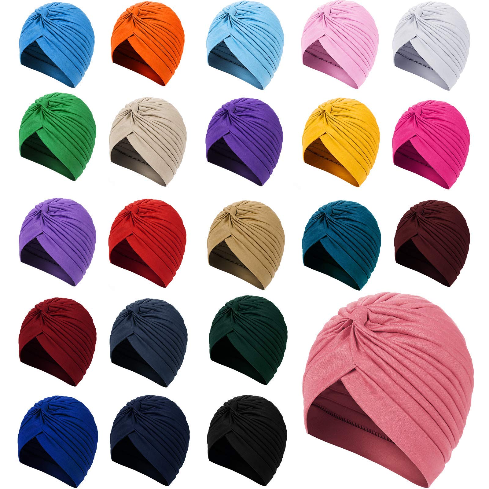 22 Pieces Stretch Turbans Head Beanie Cover Twisted Pleated Headwrap Assorted Colors Hair Cover Beanie Hats for Women Girls