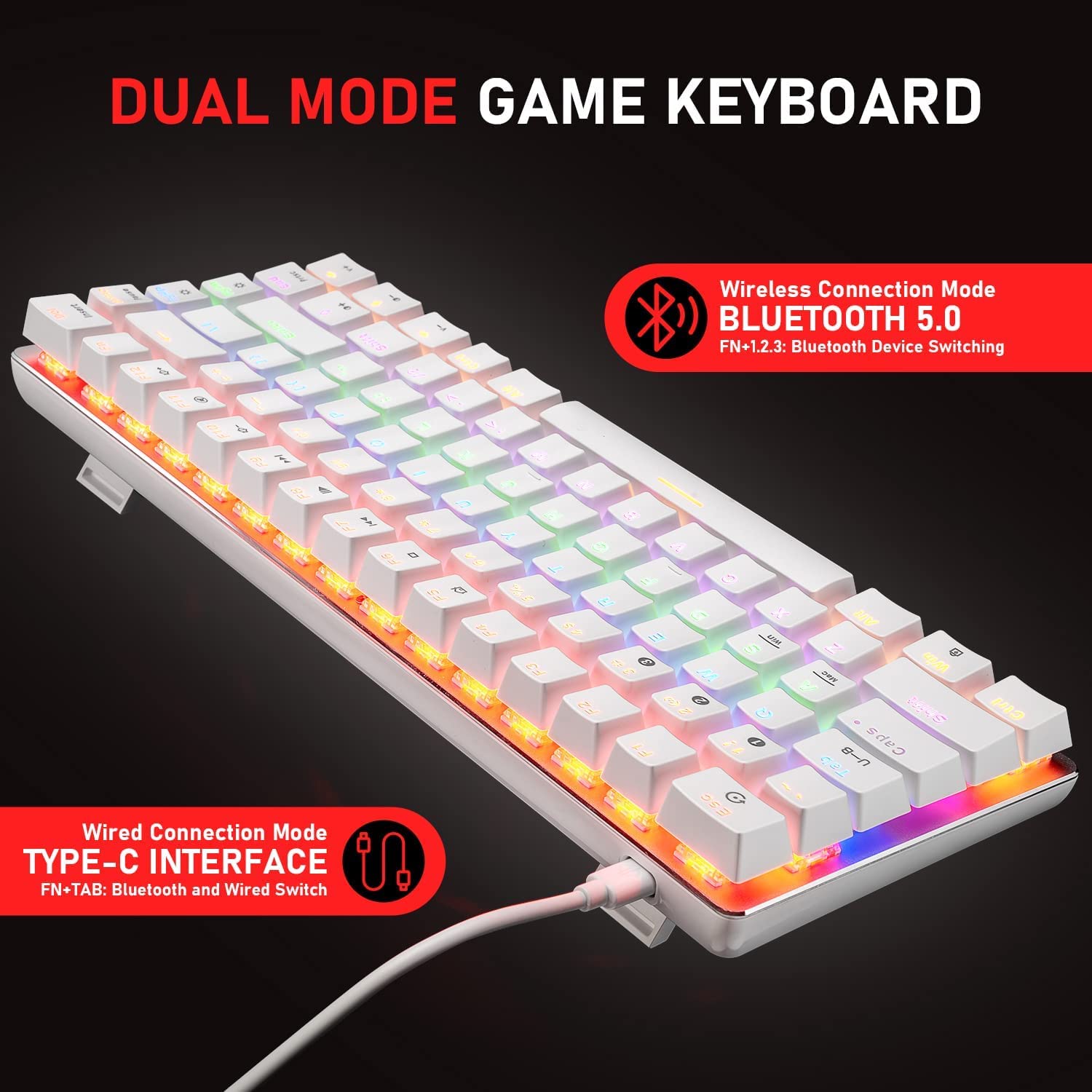 LexonElec Wireless Mechanical Keyboard,Two Mode BT5.0/USB-C 82 Keys Bluetooth Mechanical Keyboard,Rainbow LED Backlit,Compact Gaming Keyboard for Windows Mac PC Gamer(White)