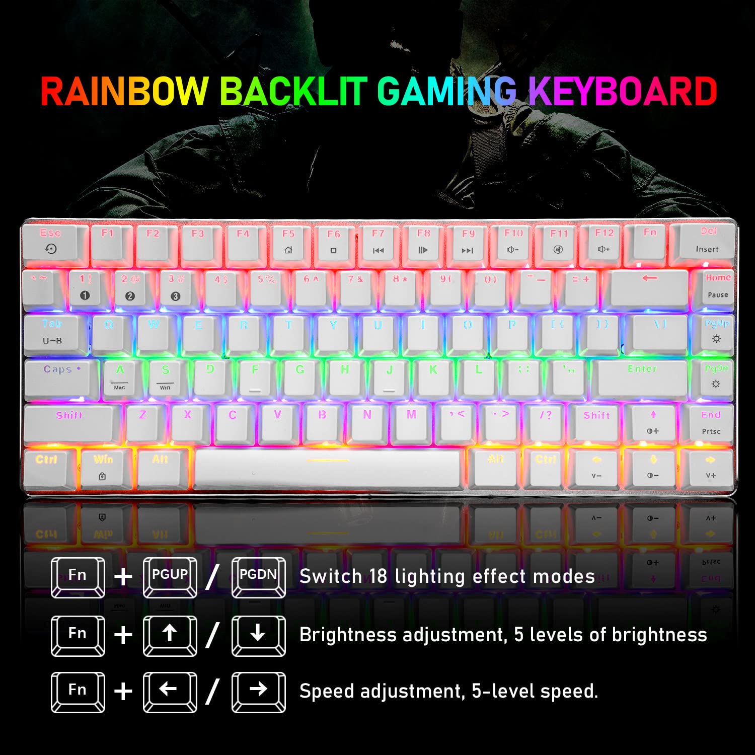 LexonElec Wireless Mechanical Keyboard,Two Mode BT5.0/USB-C 82 Keys Bluetooth Mechanical Keyboard,Rainbow LED Backlit,Compact Gaming Keyboard for Windows Mac PC Gamer(White)