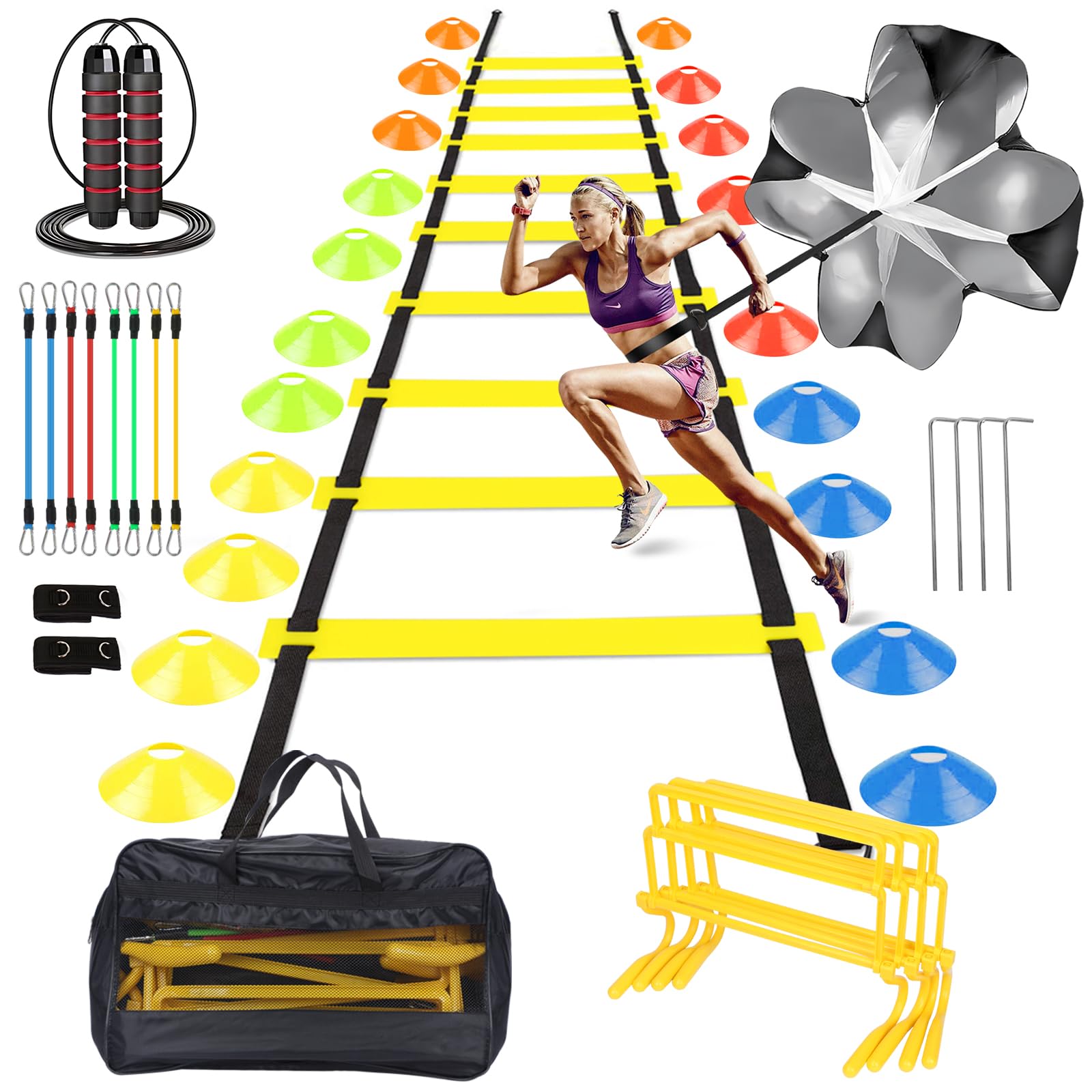 HOTOOLME Speed Agility Training Equipment Set - Includes Agility Ladder, Running Parachute, 8 Resistance Bands,20 Cones, 4 Hurdles, Jump Rope for Training Football, Soccer, Basketball Athletes & Kids