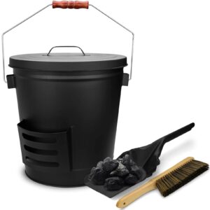grisun ash bucket with lid, shovel and hand broom, 5.2 gallon coal bucket for fireplace, charcoal wood fire pits, burning stoves, large pail pellet metal buckets ash can, for indoor and outdoor