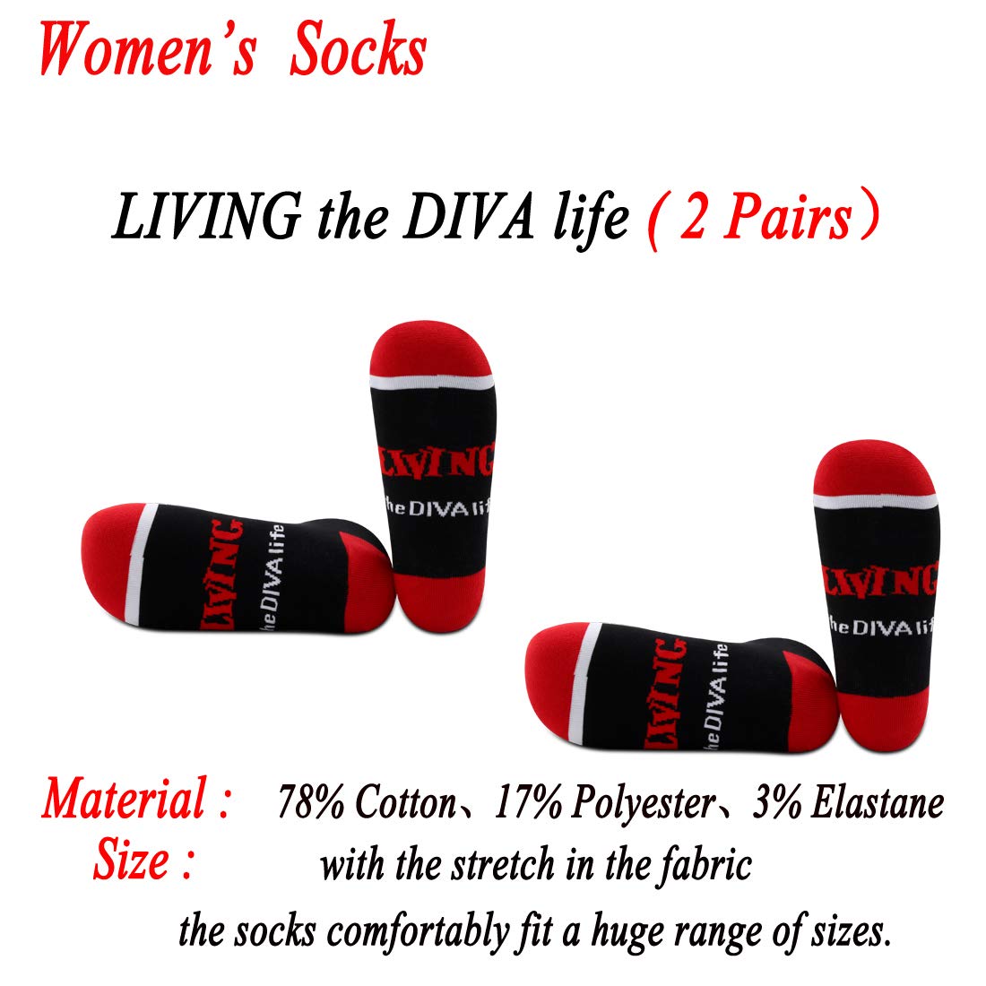 JXGZSO 2 Pairs Sorority Socks Black and Red Socks Sorority Sister Gift Living the Diva Life Socks Sorority Gift (LIVING the DIVA life)