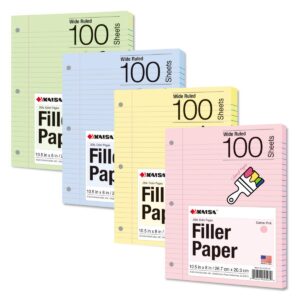 kaisa filler paper colored loose leaf paper, wide ruled 8x10.5in colored paper, 3-hole punched for 3-ring binders,100sheets/pack 4packs, fc10001w