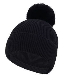 arctic paw kids beanie todddler pom pom hat boys girls warm lined knit winter hat_black