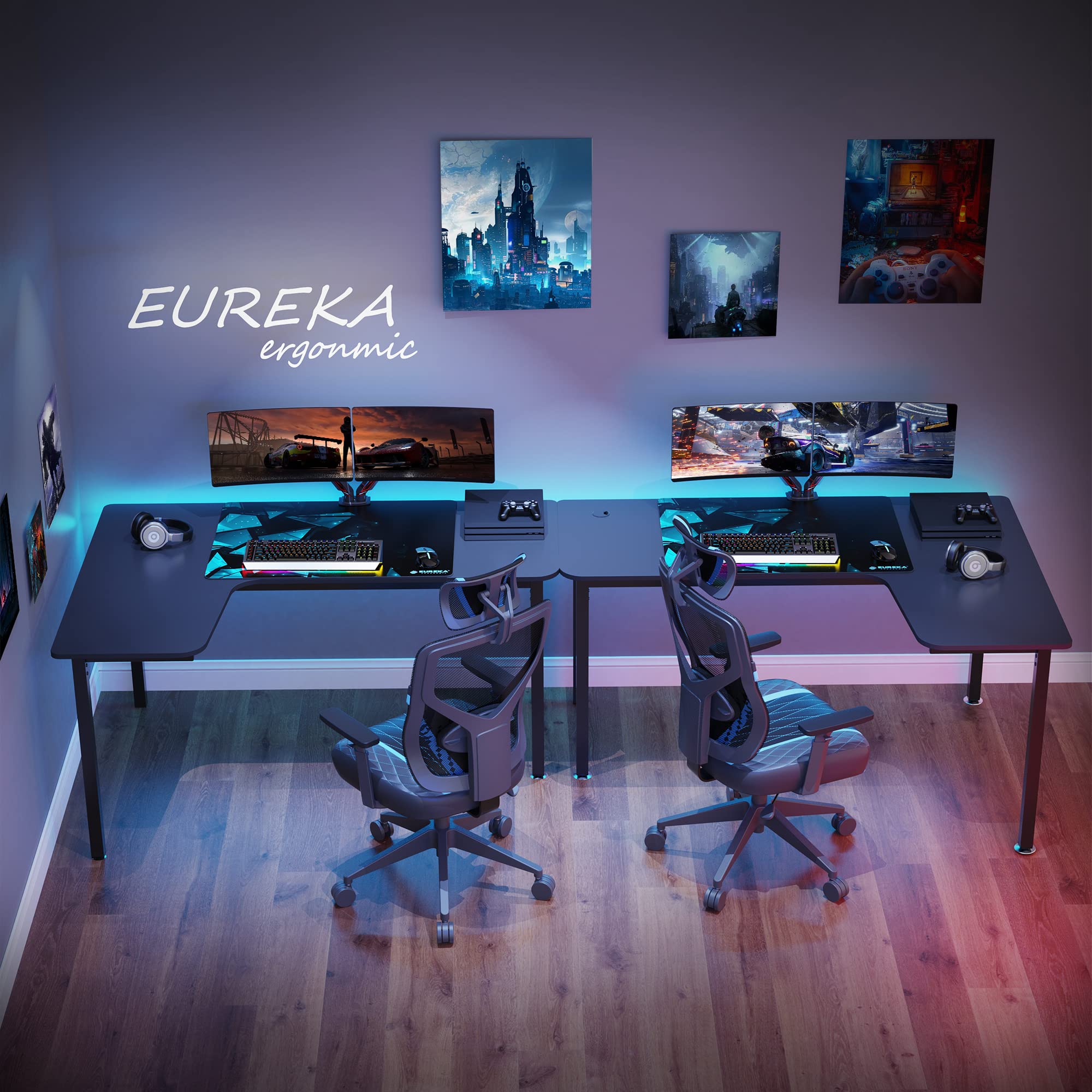 EE EUREKA ERGONOMIC 61 inch L Shaped Corner Desk,Ergonomic Gamer Table with Large Mouse Pad,Long Gaming Desk for Home Office with Adjustble Leg Pads,Right Side - Rustic Brown