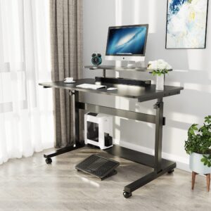 Eureka Ergonomic Height Adjustable Computer Desk, Rolling Sit Stand Desk for Home Office with Hutch, CPU Stand & Lockable Wheels, 41 inch-Black