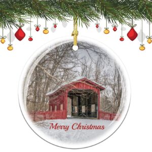 christmas ornaments, covered bridge red snow photo christmas ornament tree hanging decor gift for families friends,3 inch