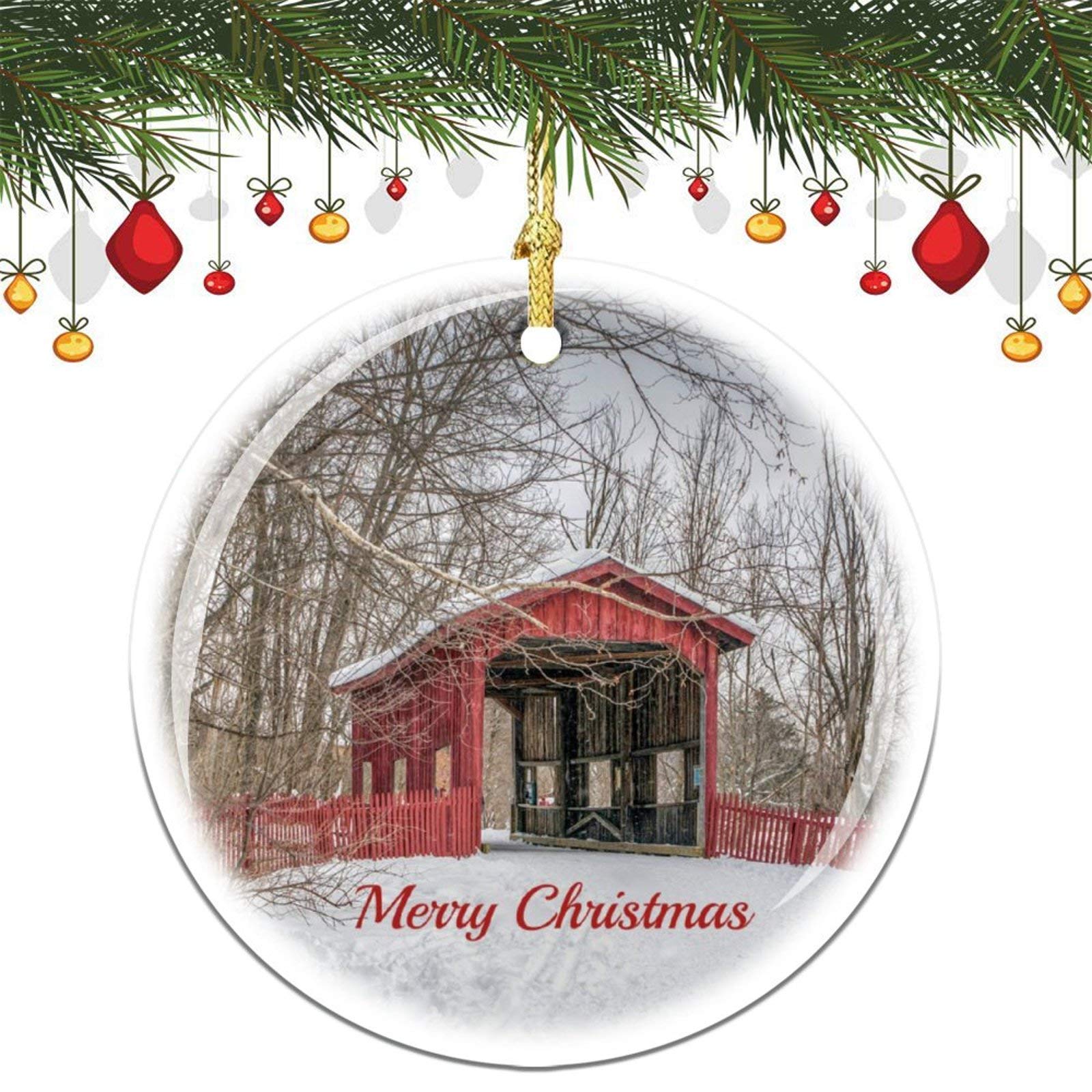 Christmas Ornaments, Covered Bridge Red Snow Photo Christmas Ornament Tree Hanging Decor Gift for Families Friends,3 Inch