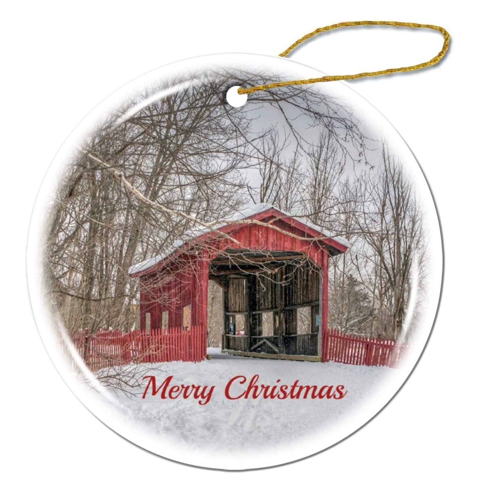 Christmas Ornaments, Covered Bridge Red Snow Photo Christmas Ornament Tree Hanging Decor Gift for Families Friends,3 Inch