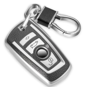 ctrinews for bmw keychain with leather keychain, advanced soft tpu surface grain key fob holder for classic style bmw smart key(silver)