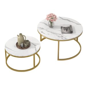 modern nesting coffee table, marble look sofa side nest of tables round end tables, set of 2, golden color frame with wood top- 32”& 24” table set