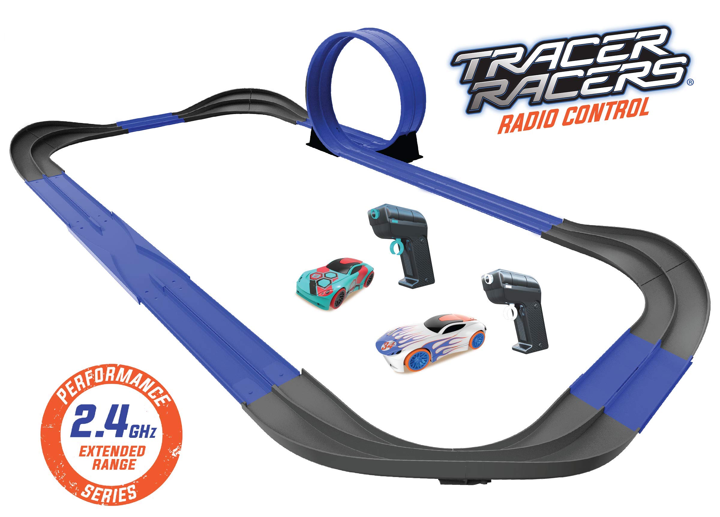 Tracer Racers 2.4 GHz Radio Control Remote Slot-Less, Cordless Racing Blazin' Loop Speedway Track Set with Two Cars