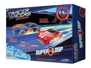 tracer racers 2.4 ghz radio control remote slot-less, cordless racing super 8 speedway track set with two cars