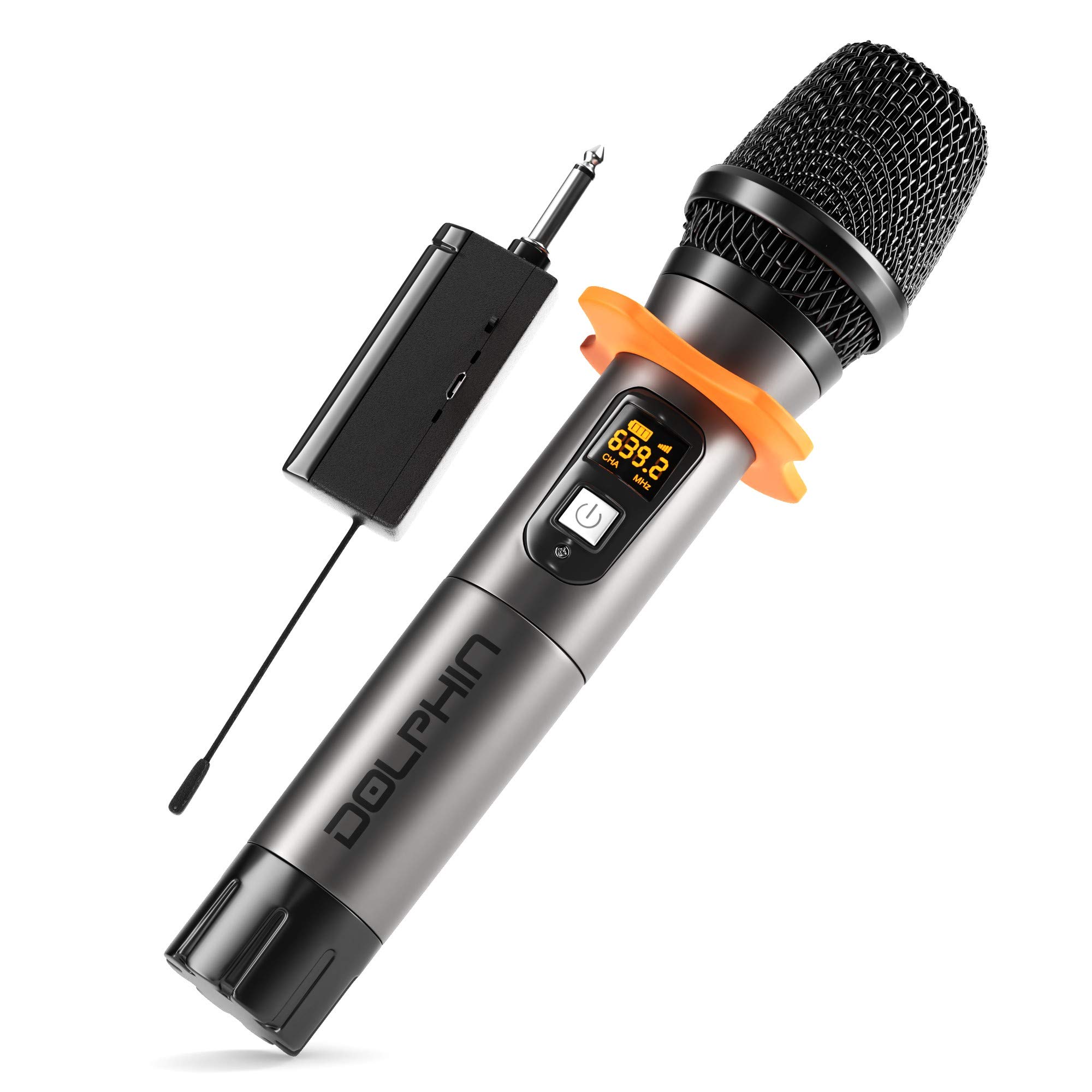 Wireless Microphone by Dolphin, MCX10 Portable Handheld Cordless Karaoke Microphone for Speakers with Transmitter, Silicon Ring, and Batteries