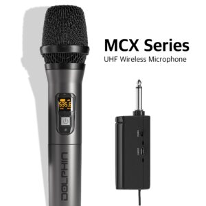 Wireless Microphone by Dolphin, MCX10 Portable Handheld Cordless Karaoke Microphone for Speakers with Transmitter, Silicon Ring, and Batteries