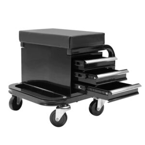 big red rolling creeper garage/shop seat with three built-in drawers, rolling tool chest,black,apd2016ar