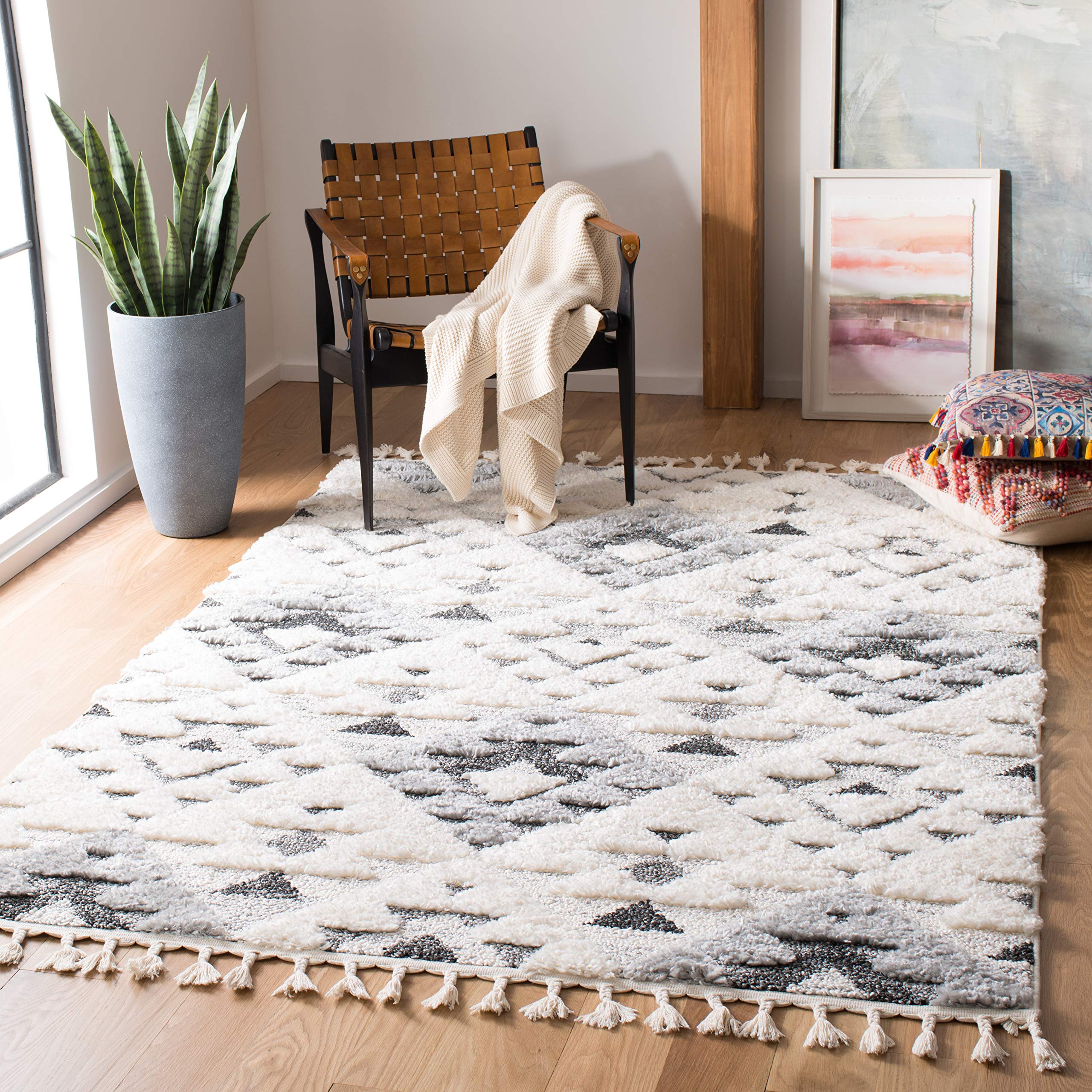 SAFAVIEH Moroccan Tassel Shag Collection Area Rug - 3' Square, Ivory & Grey, Boho Design, Non-Shedding & Easy Care, 2-inch Thick Ideal for High Traffic Areas in Living Room, Bedroom (MTS688F)