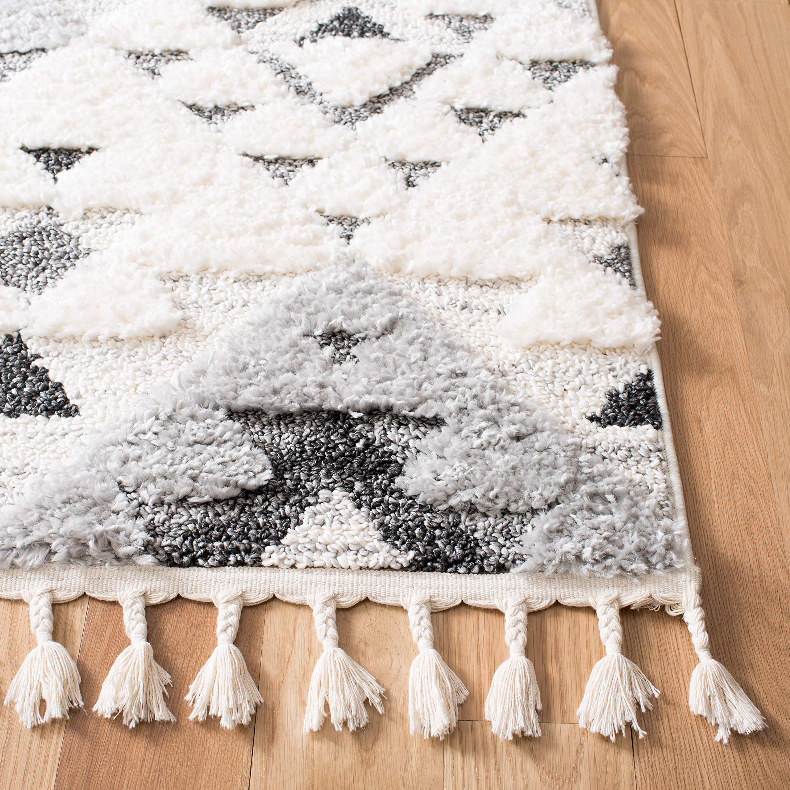 SAFAVIEH Moroccan Tassel Shag Collection Area Rug - 3' Square, Ivory & Grey, Boho Design, Non-Shedding & Easy Care, 2-inch Thick Ideal for High Traffic Areas in Living Room, Bedroom (MTS688F)