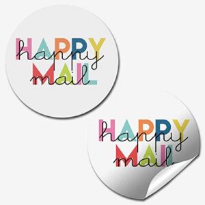 rainbow & cursive lettering happy mail thank you customer appreciation sticker labels for small businesses, 60 1.5" circle stickers by amandacreation, for envelopes, postcards, direct mail, more!