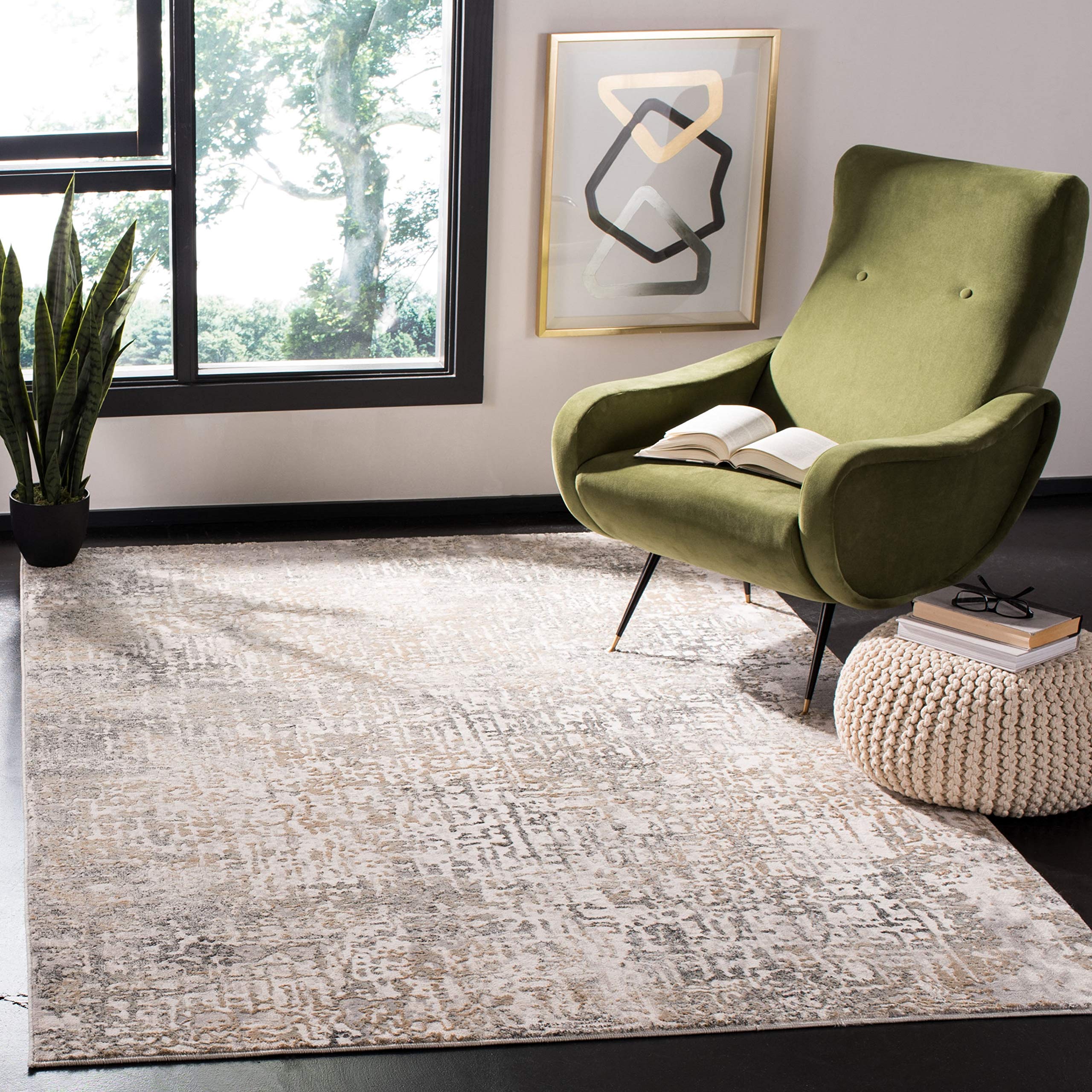 SAFAVIEH Vogue Collection Area Rug - 9' Square, Beige & Grey, Modern Abstract Design, Non-Shedding & Easy Care, Ideal for High Traffic Areas in Living Room, Bedroom (VGE117A)