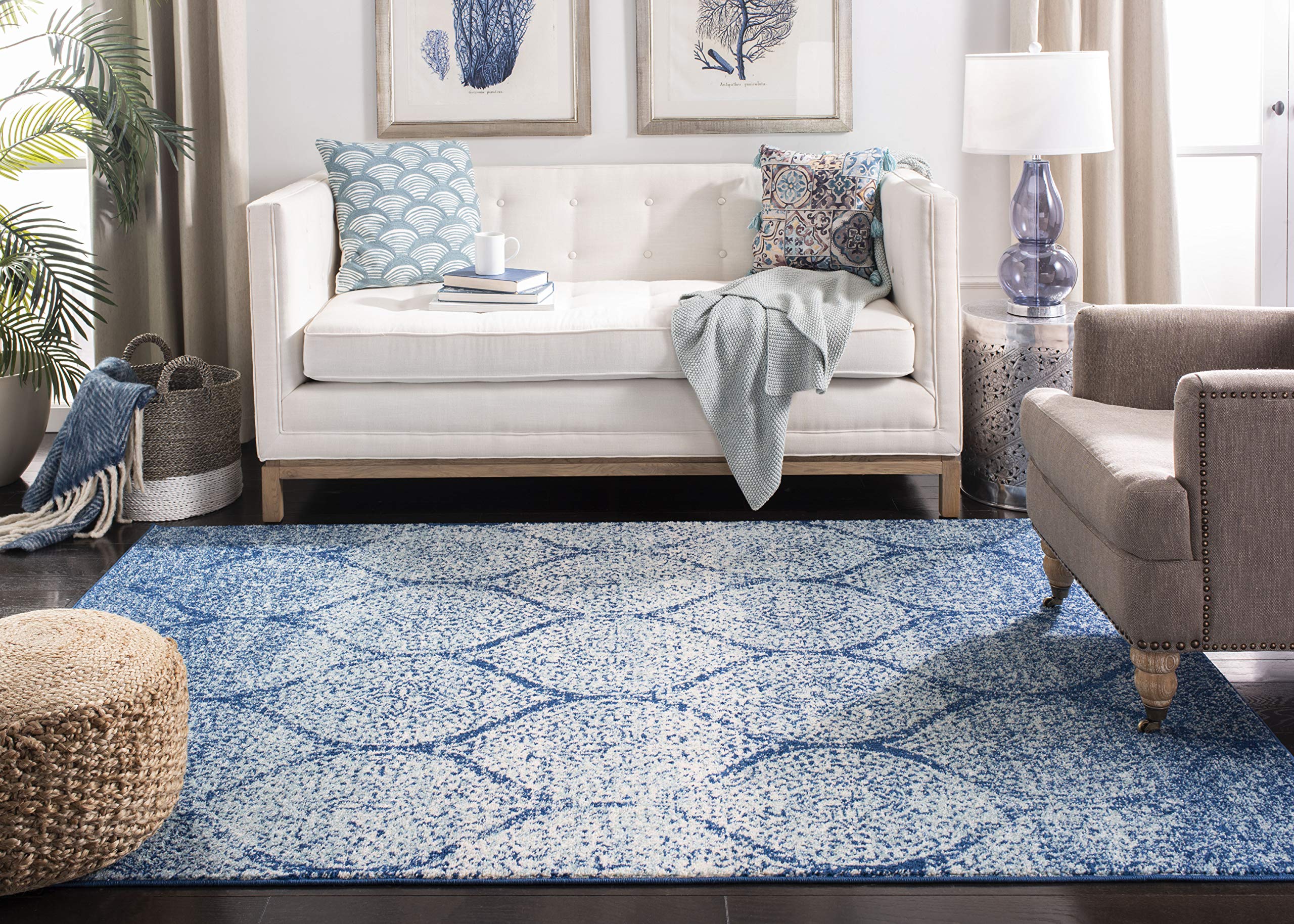 SAFAVIEH Madison Collection X-Large Area Rug - 12' x 15', Navy & Blue, Glam Ogee Trellis Distressed Design, Non-Shedding & Easy Care, Ideal for High Traffic Areas in Living Room, Bedroom (MAD604N)