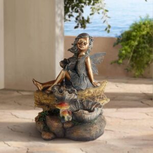 bronze garden fairy fountain with light led indoor outdoor water feature 24" high cascading resin sculpture for garden patio yard deck home lawn porch house relaxation exterior - john timberland