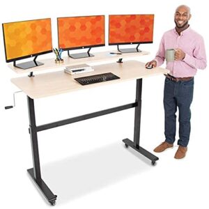 stand steady tranzendesk | 55 inch standing desk with clamp on shelf & detachable wheels | crank height adjustable sit to stand workstation | monitor riser supports 3 screens (55 in / maple)