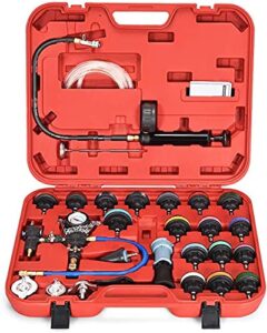 byroce 28 piece radiator pressure tester, automotive radiator pressure test kit purge and refill kit set with carrying case, universal coolant vacuum type leak checker cooling system (red)
