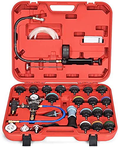 Byroce 28 Piece Radiator Pressure Tester, Automotive Radiator Pressure Test Kit Purge and Refill Kit Set with Carrying Case, Universal Coolant Vacuum Type Leak Checker Cooling System (Red)