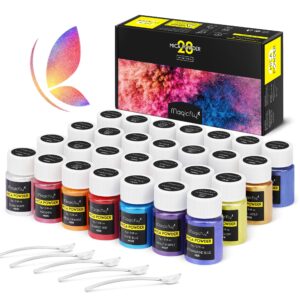magicfly 28 colors mica powder, colorant paint and dye for epoxy resin, pigment powder with 5 spoons for soap making, lip gloss, bath bomb, candle making, art craft