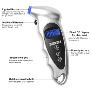 NDDI 2 Pack Digital Tire Pressure Gauge, 150 PSI 4 Settings Car Truck Bicycle Backlit LCD Non-Slip Grip, Gray and Red.