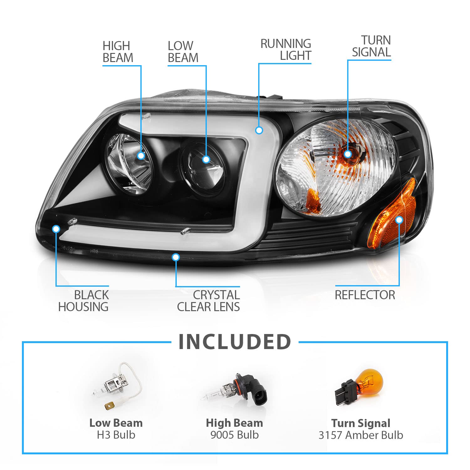 AmeriLite for 1997-2003 Ford F150 97-2002 Expedition Pickup Truck LED Tube Black Projector Replacement Headlights Set - Driver and Passenger Side