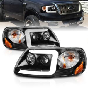 AmeriLite for 1997-2003 Ford F150 97-2002 Expedition Pickup Truck LED Tube Black Projector Replacement Headlights Set - Driver and Passenger Side