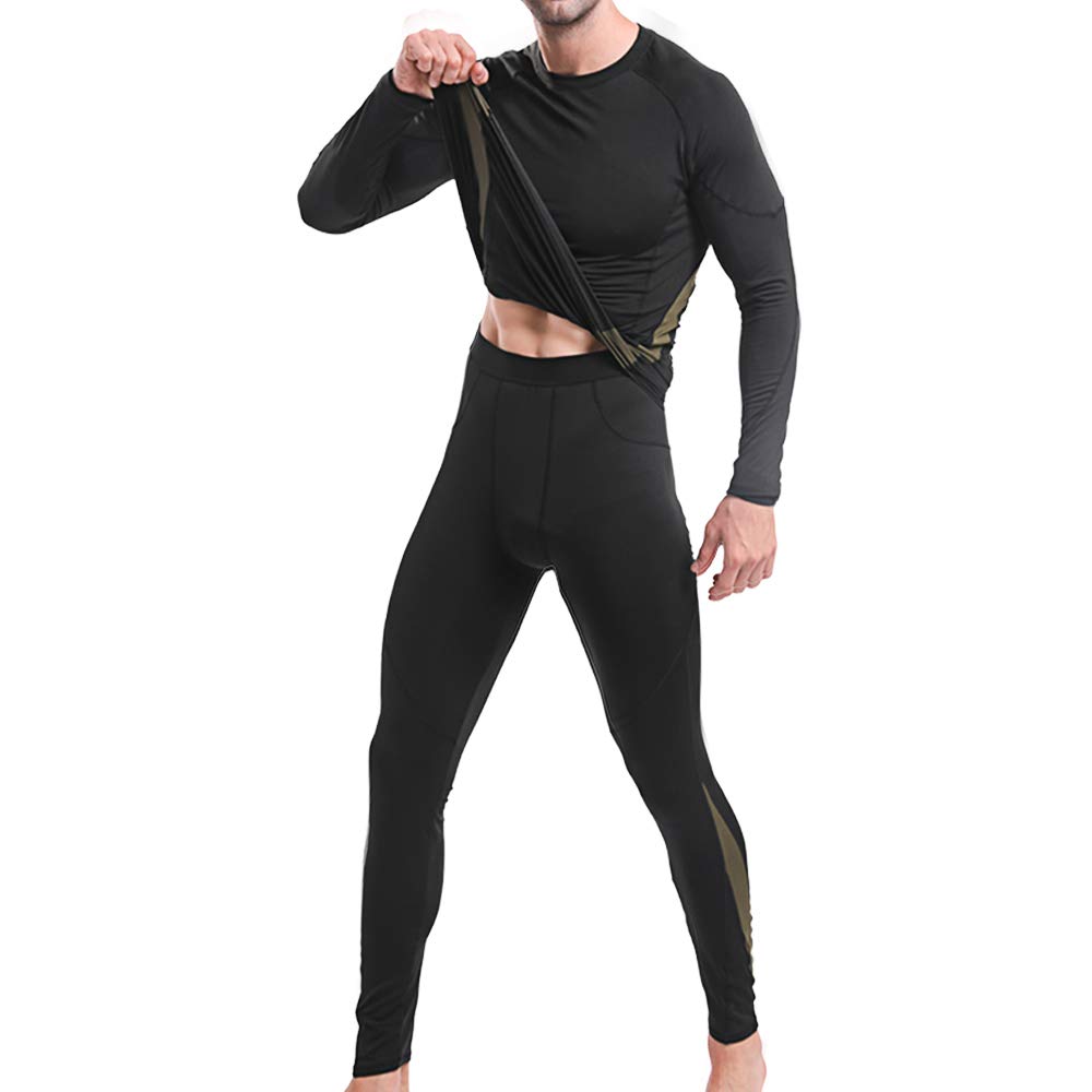 JoofEric Men's Thermal Underwear Set Fleece Lined Top and Bottom Warm Long Johns Winter Sport Suits (Black-T32, XL)