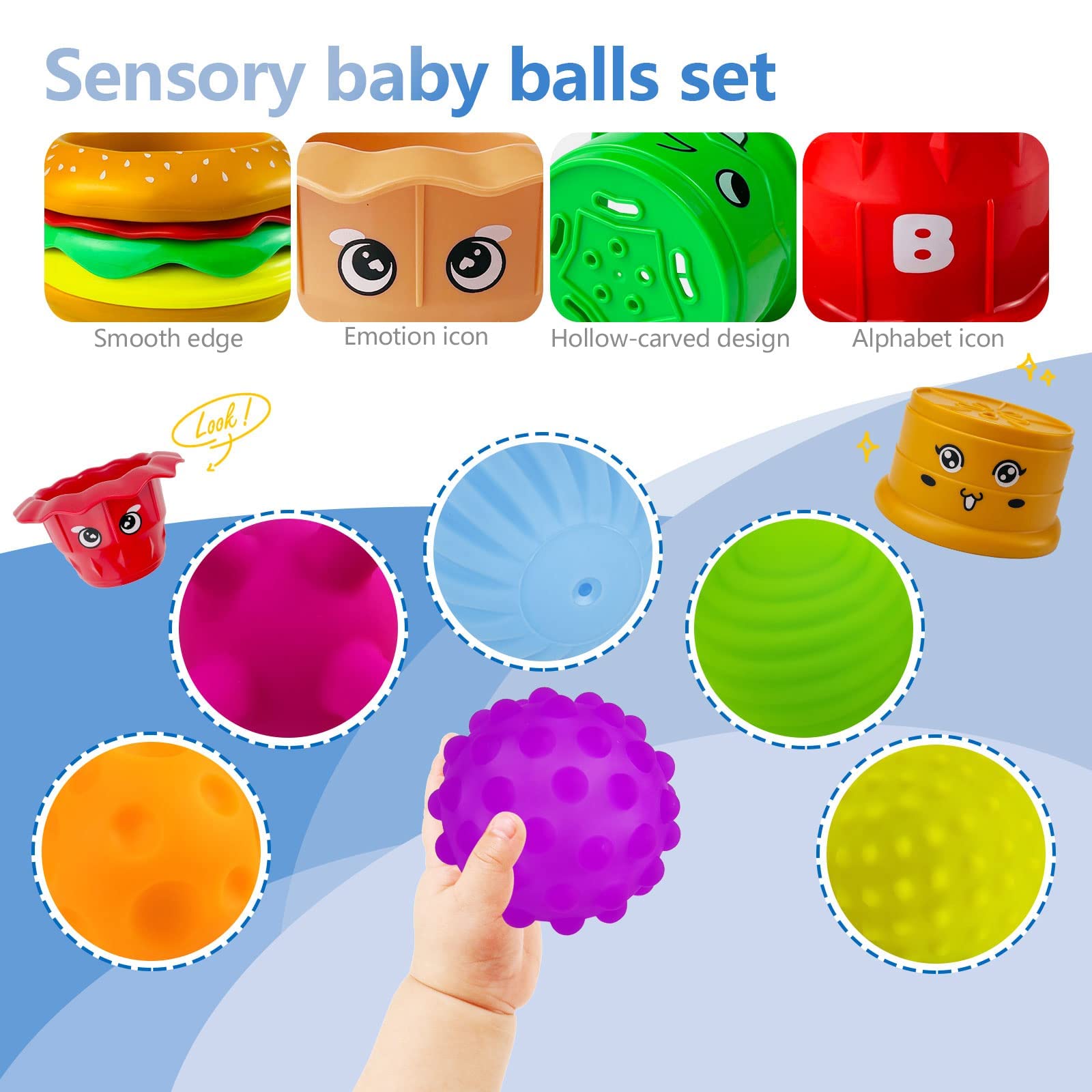 Sensory Balls for Baby, Infant Toys 6-12 Months, Textured Multi Balls for Toddlers 1-3 Colorful Soft Squeezy Bath Toys with Stacking Cups Montessori Toys for Babies Juguetes Para Bebes de 0 a 6 Meses