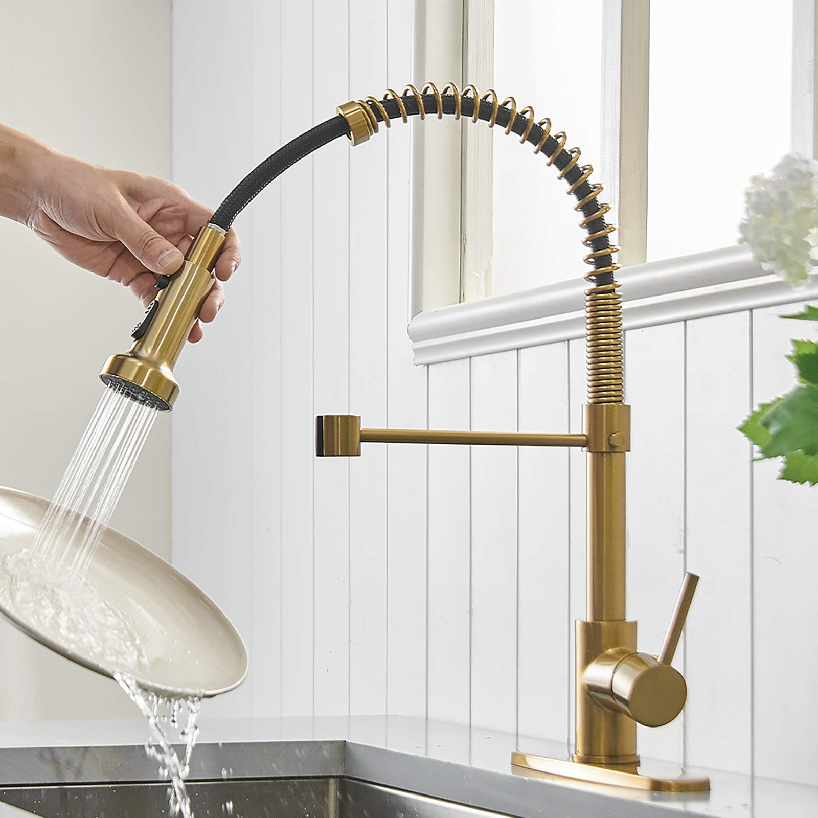 BESy Commercial Kitchen Faucet with Pull Down Sprayer, High-Arc Single Handle Single Lever Spring Rv Kitchen Sink Faucet with Pull Out Sprayer, 3 Function Laundry Faucet, Brushed Gold