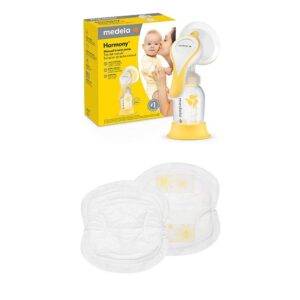 medela new harmony manual breast pump with flex breast shield and super absorbency disposable nursing pads 60 count, lightweight pump, bra pads for leak protection, double adhesive keeps pads secure