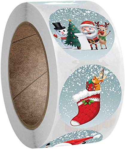 Merry Christmas Stickers Labels Roll 1.5 Inch 4 Designs Round Christmas Tags 500 Adhesive Xmas Decorative Envelope Seals Stickers for Cards Gift Envelopes Boxes