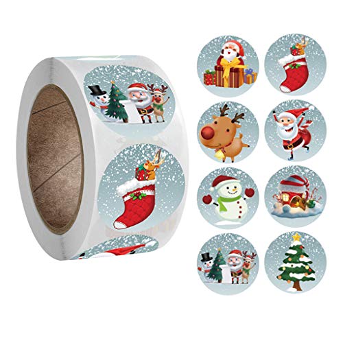 Merry Christmas Stickers Labels Roll 1.5 Inch 4 Designs Round Christmas Tags 500 Adhesive Xmas Decorative Envelope Seals Stickers for Cards Gift Envelopes Boxes