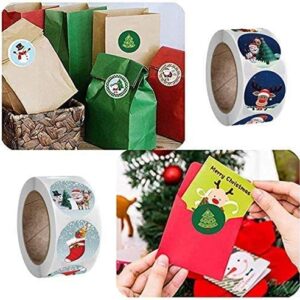 Merry Christmas Stickers Labels Roll 1.5 Inch 4 Designs Round Christmas Tags 500 Adhesive Xmas Decorative Envelope Seals Stickers for Cards Gift Envelopes Boxes