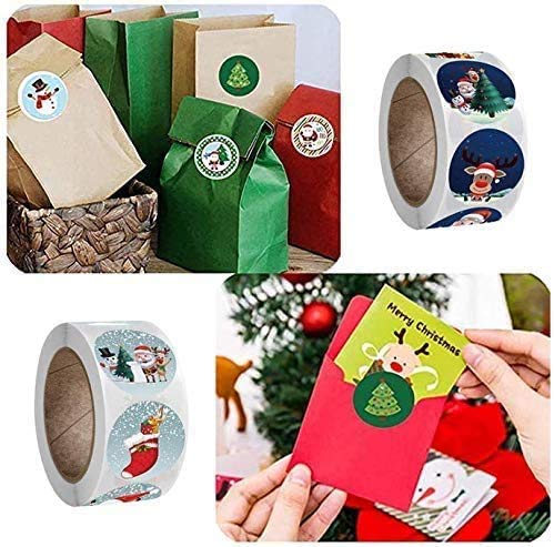 Merry Christmas Stickers Labels Roll 1.5 Inch 4 Designs Round Christmas Tags 500 Adhesive Xmas Decorative Envelope Seals Stickers for Cards Gift Envelopes Boxes