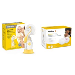 medela new harmony manual breast pump with flex breast shield and ultra thin disposable nursing pads 120 count, single hand breastpump, bra pads with leakproof design, contoured for optimal fit