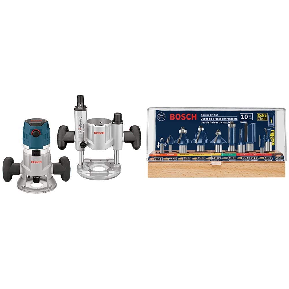 Bosch MRC23EVSK Combination Router - 15 Amp 2.3 Horsepower Corded Variable Speed Combination Plunge & Fixed-Base Router Kit with Hard Case & RBS010 10pc. All-Purpose Router Bit Set