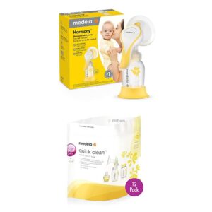 medela new harmony manual breast pump with flex breast shield and quick clean microsteam bags, single hand breastpump, 12 count sterilizing bags for bottles & pump parts, disinfects most accessories